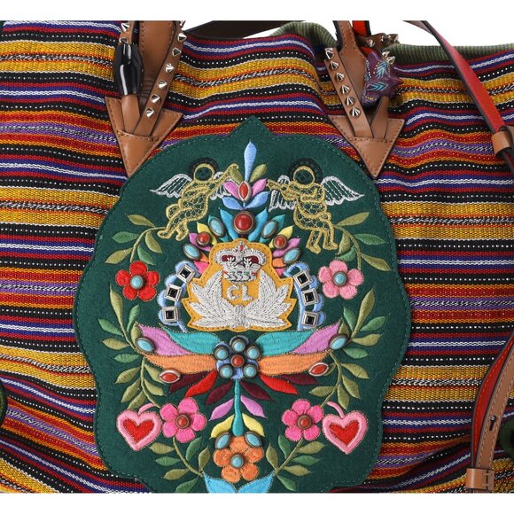 Christian Louboutin Mexicaba Tote Bag Green Orange Multi Jacquard Felt Leather - Picture 4 of 10